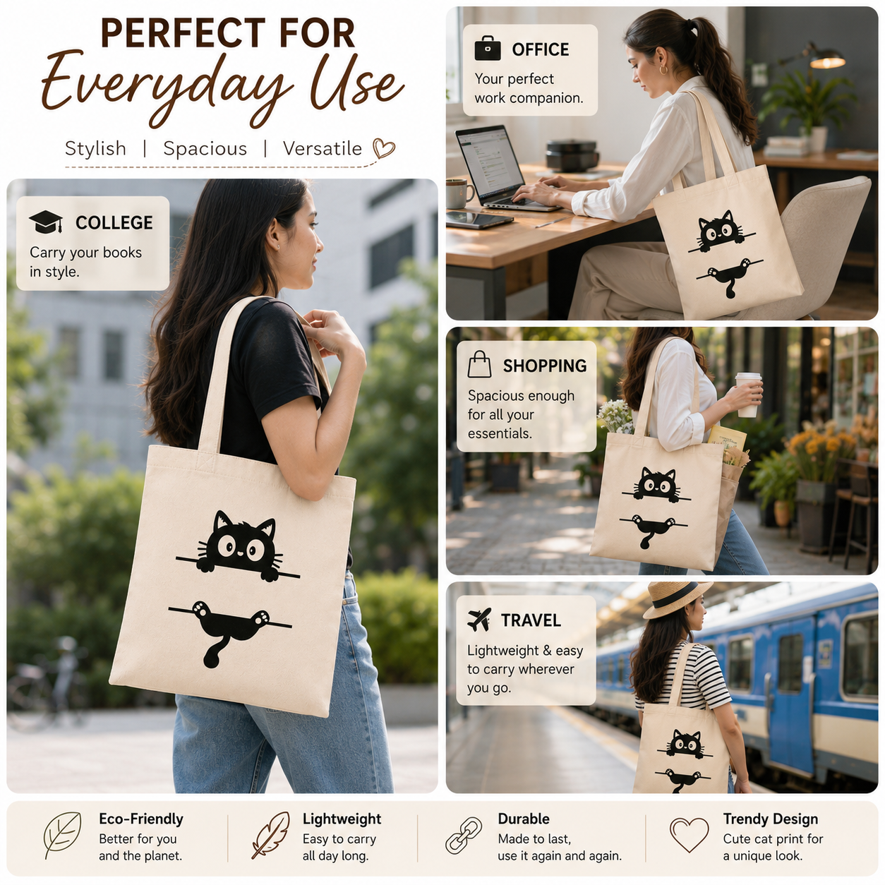 Printed Tote Bag Cute Black Cat Graphic - Image 5